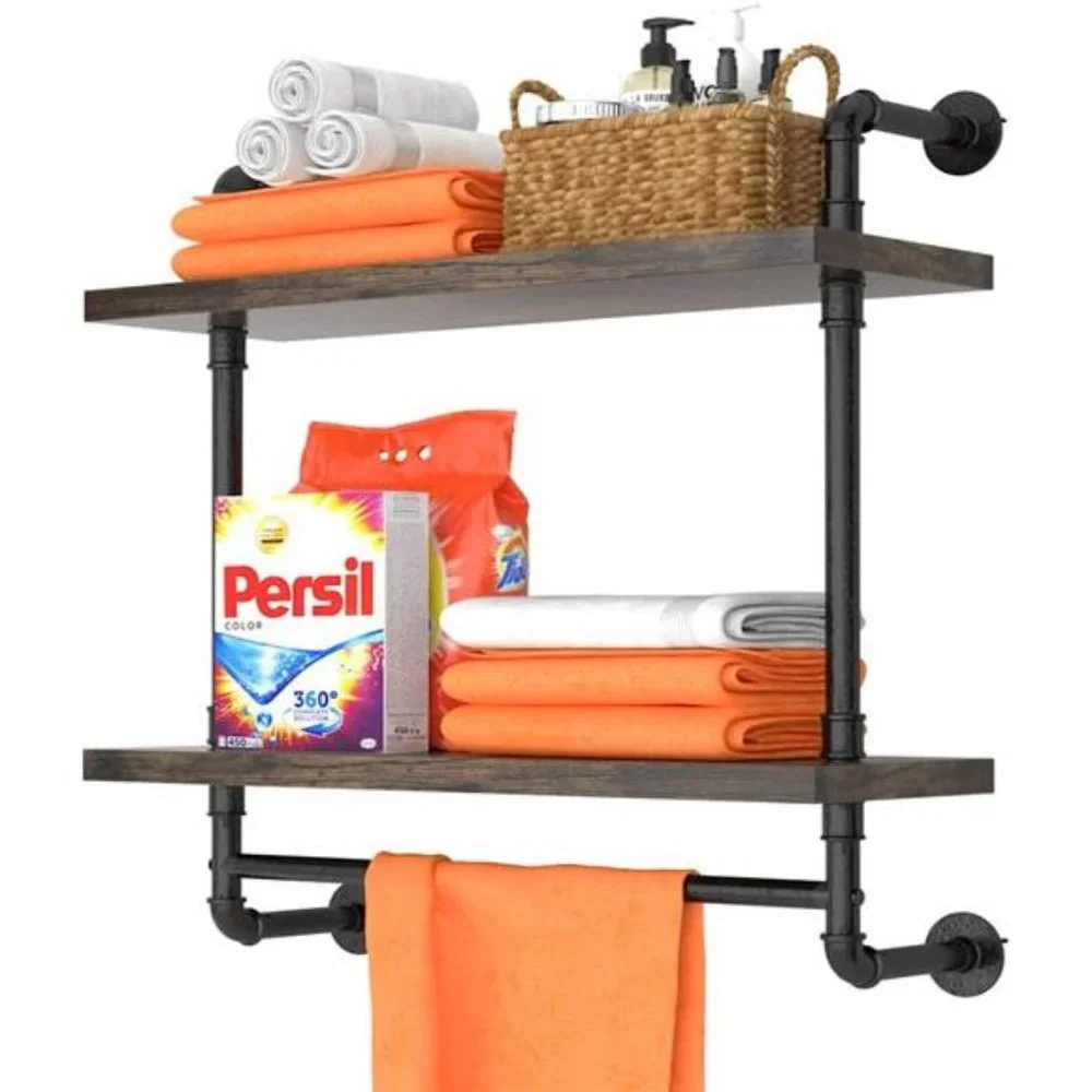 24inch Pipe Shelving Bathroom Shelves Wall Mounted with Towel bar,(Brown, 24'')